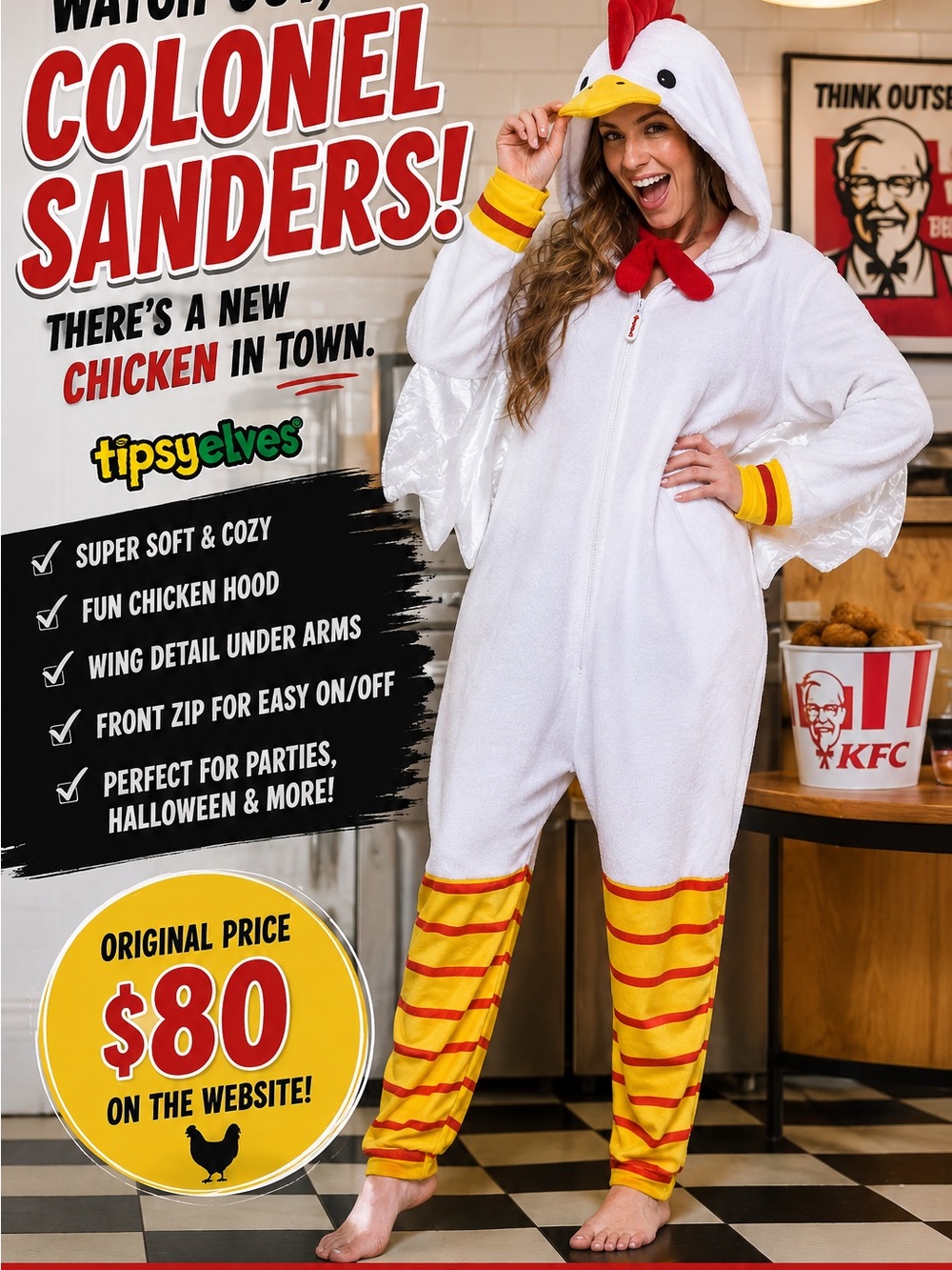 Tipsy Elves White Chicken Onesie Jumpsuit with Yellow Striped Legs